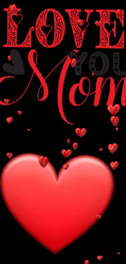 Elegant red heart and 'Love Mom' text on black background.