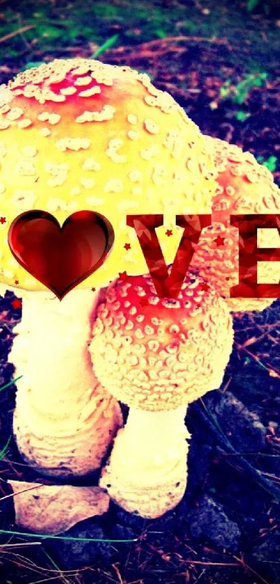 Mushroom with love design in nature scene.