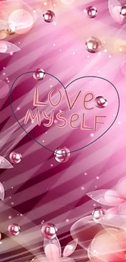 Love Myself text with pink floral background.