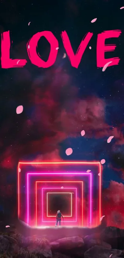 Mobile wallpaper with neon pink love and galaxy art.