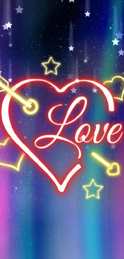 Neon heart and stars with love text in galaxy theme.