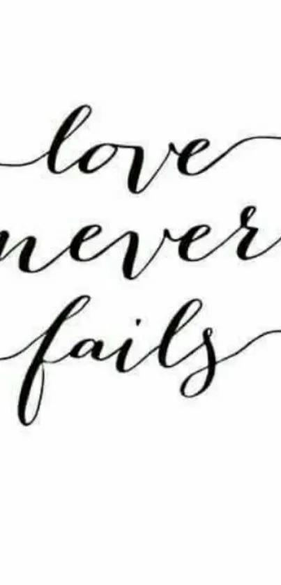 Minimalist black and white typography wallpaper featuring 'Love Never Fails'.