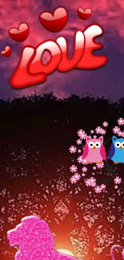 Romantic wallpaper with love, owls, and nature scene.