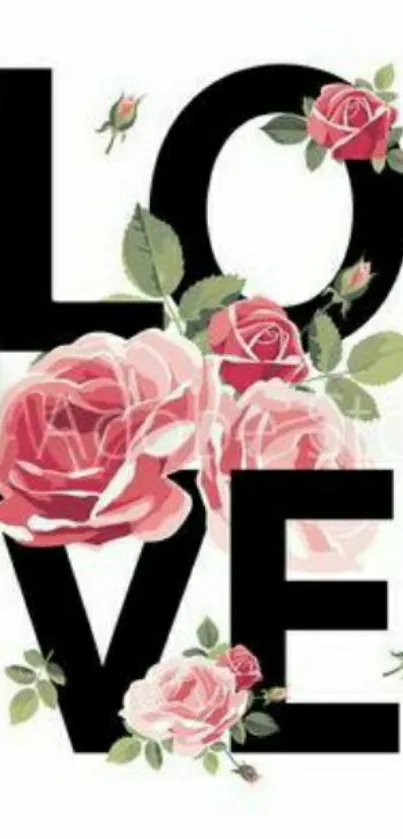 Love typography with pink roses on a white background, mobile wallpaper.