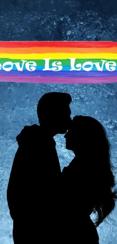 Silhouette couple with rainbow flag, love is love on blue.