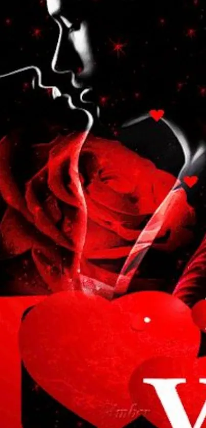 Romantic red silhouette wallpaper with roses and hearts for mobile.