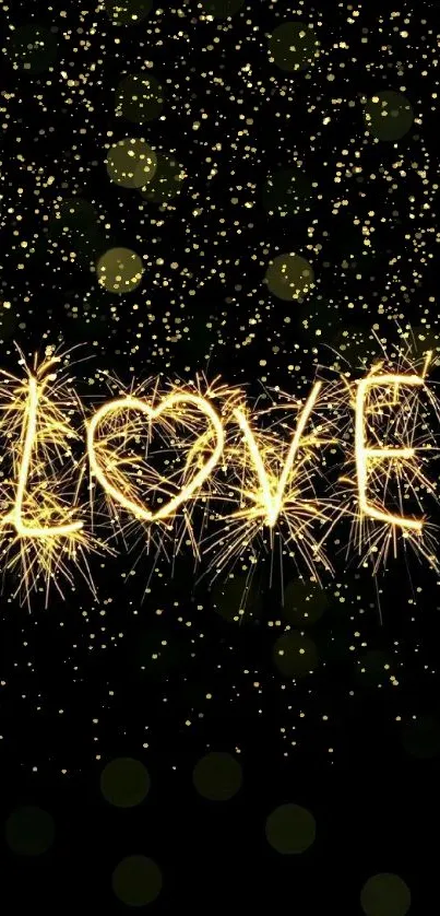 Love spelled out in golden sparklers against a dark background.