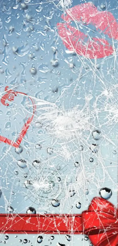 Romantic wallpaper with shattered glass, raindrops, and red ribbon accents.