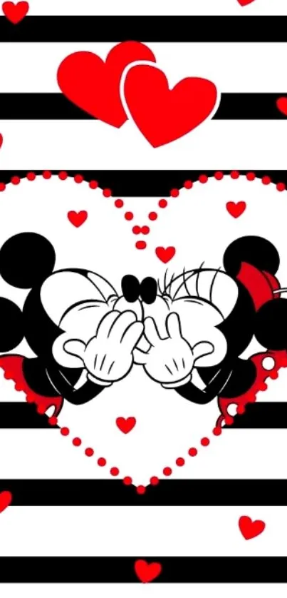 Famous animated couple kissing in a heart with stripes.