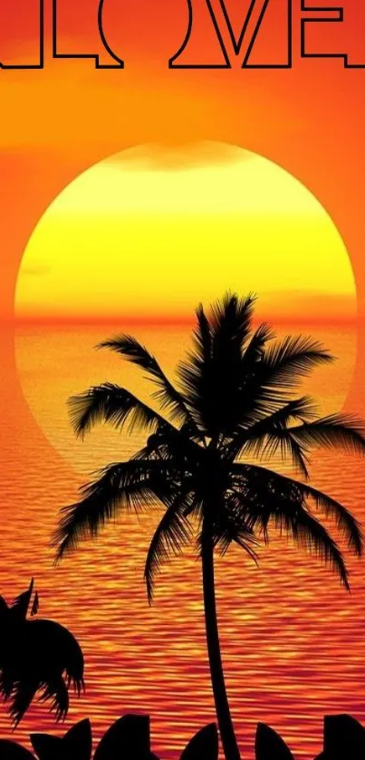 Tropical sunset with palm trees and love text over vibrant red sky.