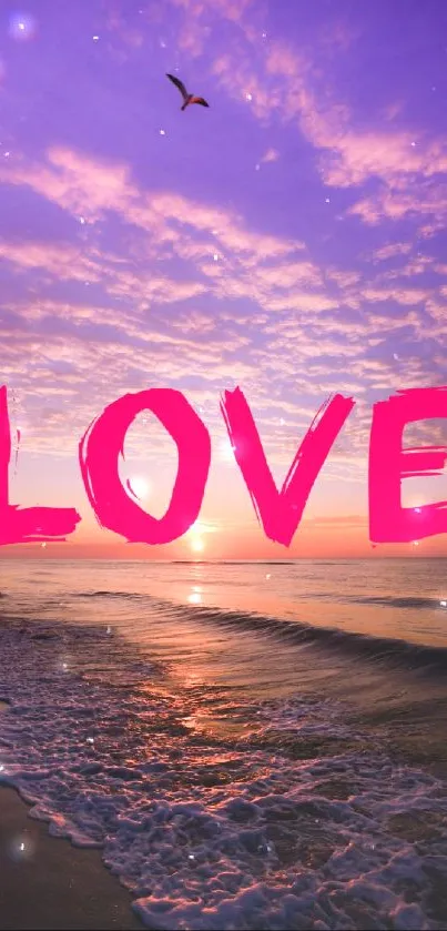 Purple sunset with LOVE text over ocean waves.