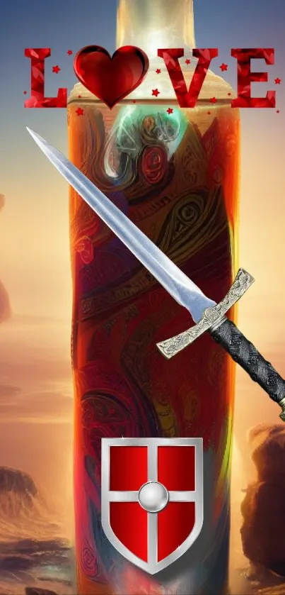 Fantasy wallpaper with sword, love theme, and abstract art bottle on sunset background.