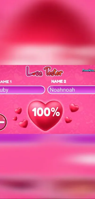 Love Tester mobile wallpaper with pink hearts and 100% match score.