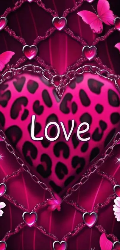 Pink heart wallpaper with leopard print, love text, butterflies, and flowers.