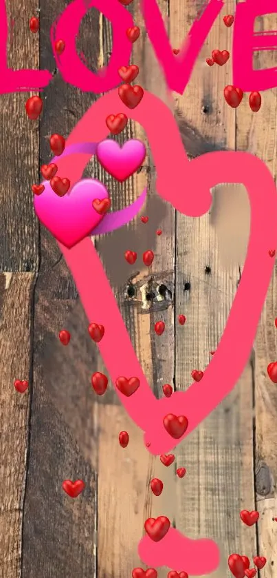 Love-themed wallpaper with pink heart and wooden background.