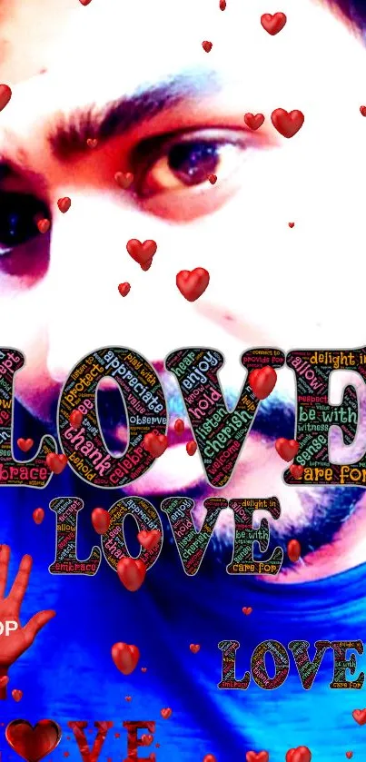 Colorful love-themed wallpaper with red hearts and vibrant text.