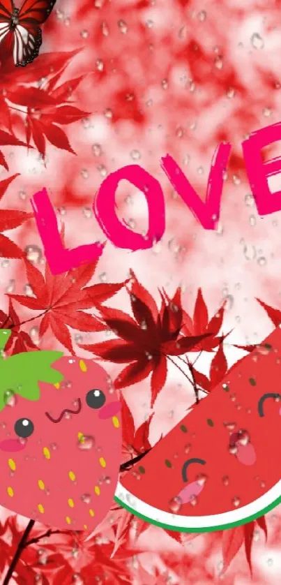 Red maple leaves with kawaii fruits and a butterfly shown on wallpaper.