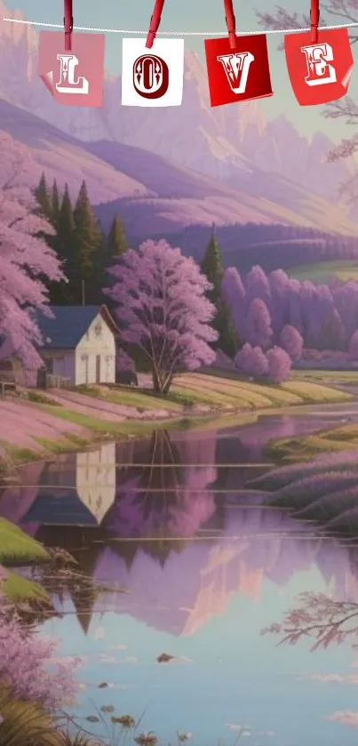 Love-themed wallpaper with tranquil lavender landscape and reflecting river.