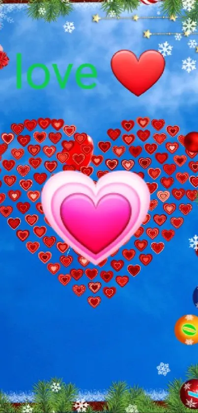 Romantic wallpaper with hearts and blue sky background.