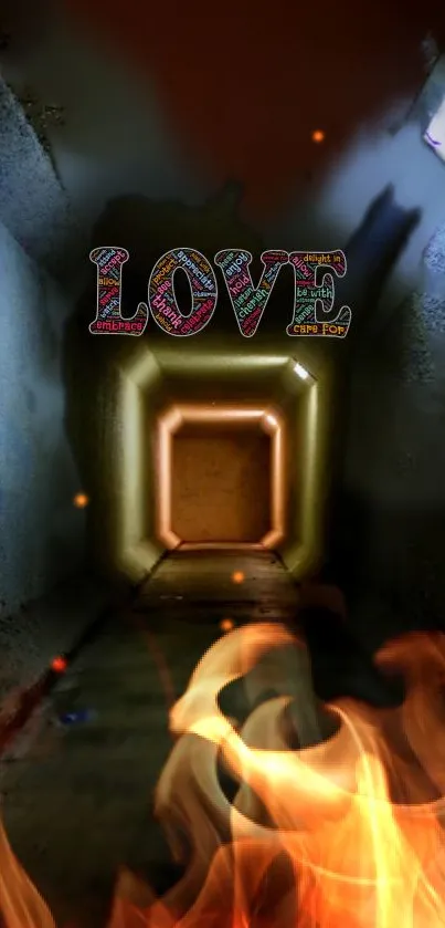 Love text in fiery tunnel with flames.