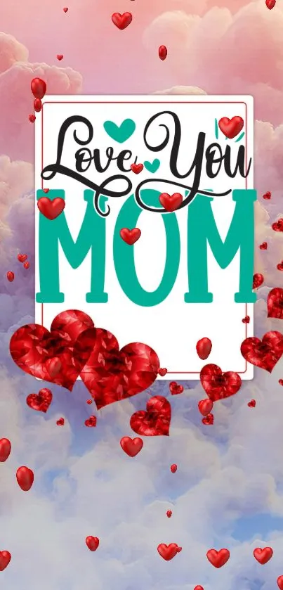 Love You Mom wallpaper with hearts in pink sky.