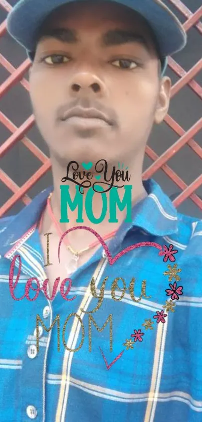 A stylish 'Love You Mom' mobile wallpaper with a blue-toned background.