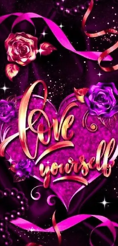 Love yourself heart wallpaper with pink roses.