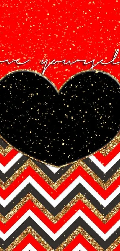 Red and black heart wallpaper with chevron pattern.