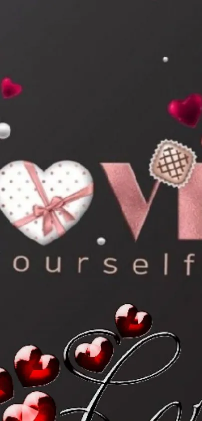 Love Yourself heart-themed wallpaper with chocolates.