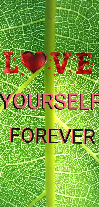 Green leaf wallpaper with 'Love Yourself Forever' text.