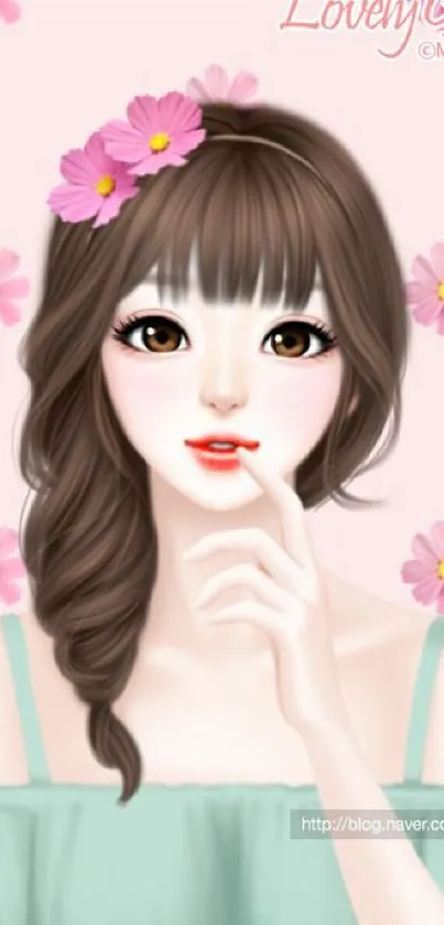 Illustrated girl with pink flowers on a pastel background.