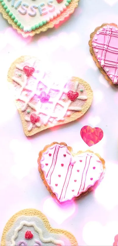 Heart-shaped cookies with pastel icing and pink accents.