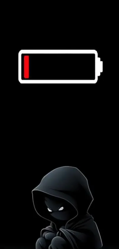 Low battery icon above hooded figure on black background.