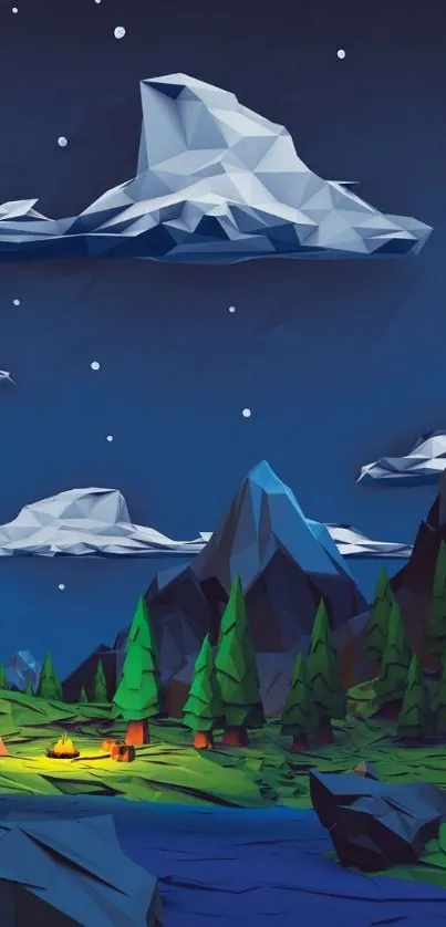 Low poly art of a night landscape with mountains and campfire.