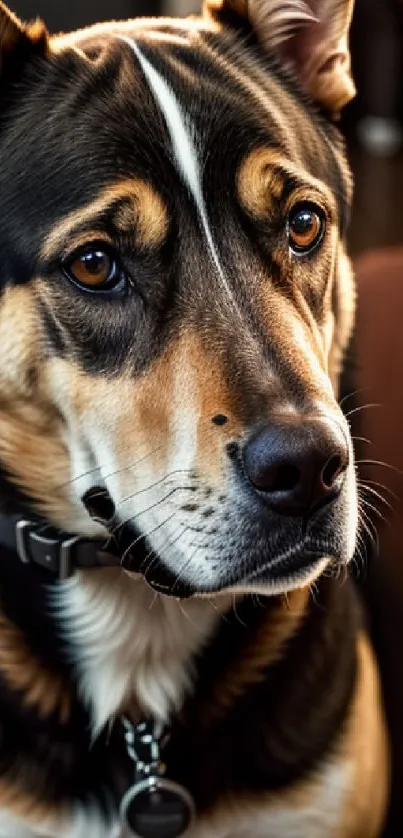 Close-up of a loyal dog's face with a warm gaze.