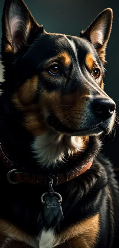 Loyal dog in a cozy, dimly lit room with focused gaze.