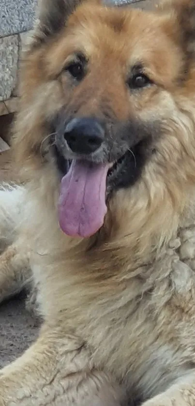 German Shepherd dog with golden fur and playful expression.