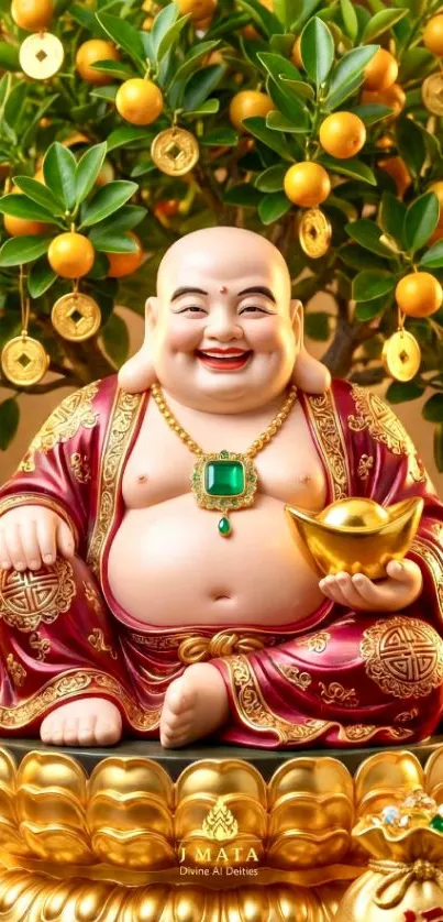 Golden Buddha with coins and oranges for prosperity.