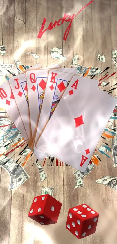 Playing cards, red dice, and dollar bills on a wooden background, with 'Lucky' in red.