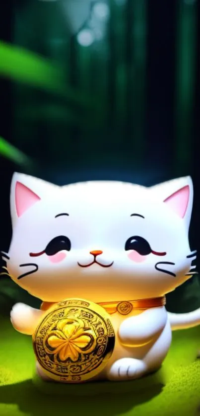 Charming white cat figurine with a golden coin in a serene forest background.