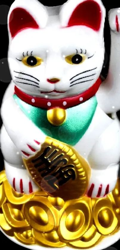 Lucky Cat figurine on golden base with vibrant colors.