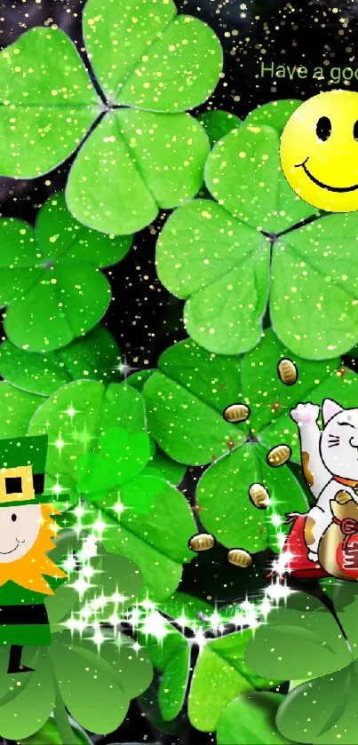 Lucky charm wallpaper with clovers, leprechaun, and Maneki-neko.