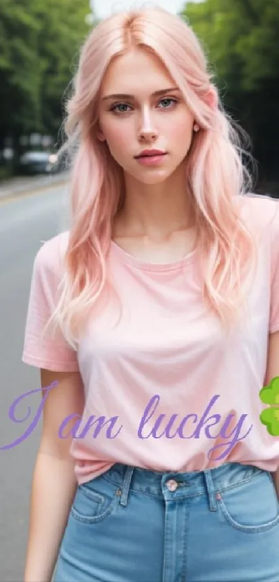 Stylish pink-themed wallpaper with 'I am lucky' text.