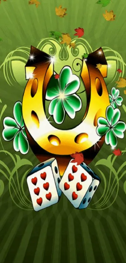 Green wallpaper with clovers, horseshoe, and dice design.