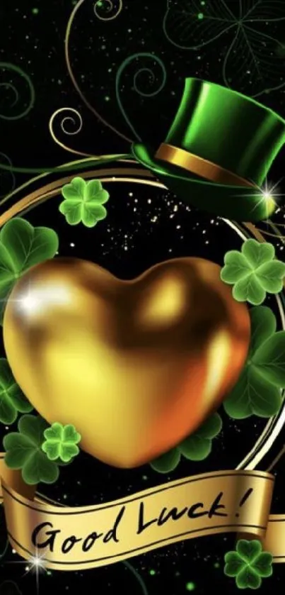 Golden heart and clovers with green hat wallpaper for good luck.