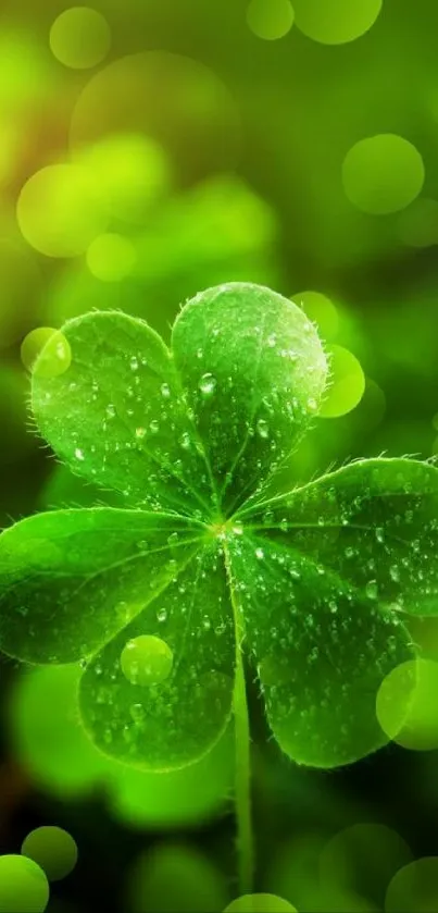 Vibrant green four-leaf clover wallpaper with bokeh effect.