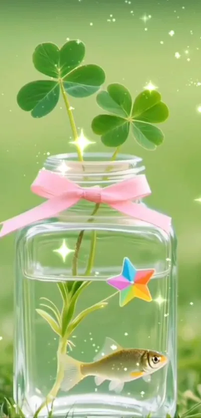 Jar with clover and fish surrounded by serene green glow.
