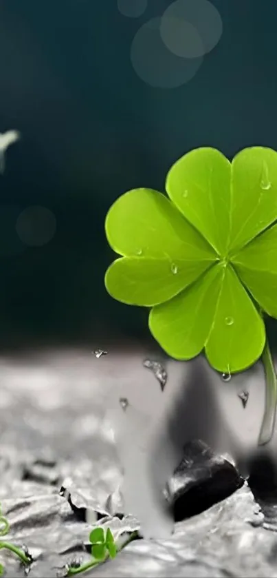 Green clover with water drops on a serene background.