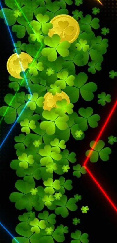 Vibrant green clovers with golden coins on a dark background.