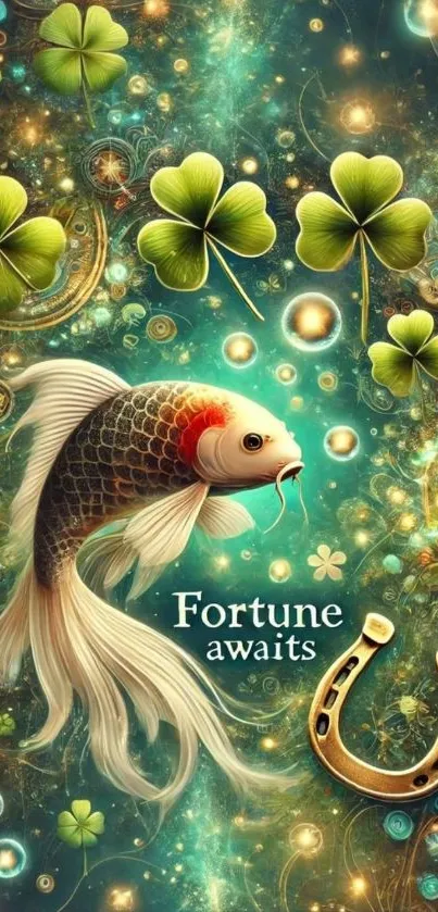 Enchanting koi fish with clovers and horseshoe brings luck.